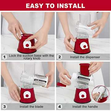 Elyum Rotary Cheese Grater Manual Cheese Grater with Handle 3 Interchangeable Stainless Steel Blades Cheese Shredder Strong Suction Base Cheese Graters for Kitchen Vegetables, Cheese and Nuts (Red)