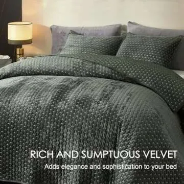 Powdion Velvet Quilt King Size, Oversized Bedspread Quilted Bedding Set, Luxurious Soft Coverlet Set Lightweight Velvet Comforter for All Season with 2 Pillow Shams, Army Green Striped Quilt Set