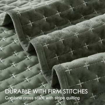 Powdion Velvet Quilt King Size, Oversized Bedspread Quilted Bedding Set, Luxurious Soft Coverlet Set Lightweight Velvet Comforter for All Season with 2 Pillow Shams, Army Green Striped Quilt Set