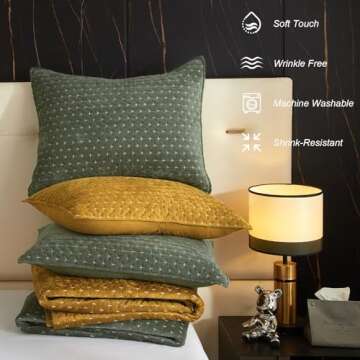 Powdion Velvet Quilt King Size, Oversized Bedspread Quilted Bedding Set, Luxurious Soft Coverlet Set Lightweight Velvet Comforter for All Season with 2 Pillow Shams, Army Green Striped Quilt Set