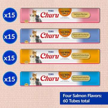 INABA Churu Cat Treats, Lickable, Squeezable Creamy Purée Cat Treat with Green Tea Extract & Taurine, 0.5 Ounces Each Tube, 60 Tubes, Salmon Variety Box