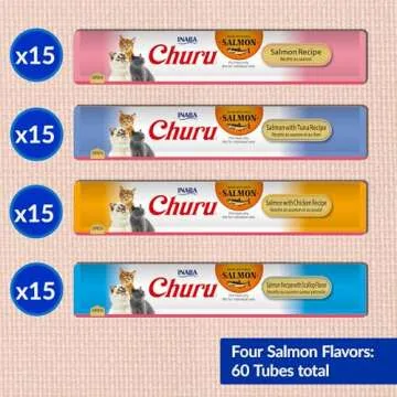 INABA Churu Cat Treats, Lickable, Squeezable Creamy Purée Cat Treat with Green Tea Extract & Taurine, 0.5 Ounces Each Tube, 60 Tubes, Salmon Variety Box