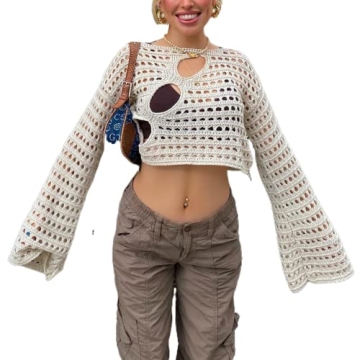 Women Y2K Hollow Out Top Long Sleeve Crochet Knit Crop Tops Sexy See Through Fishnet Top(A-Beige,S)