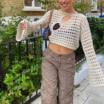 Women Y2K Hollow Out Long Sleeve Crop Top for Parties
