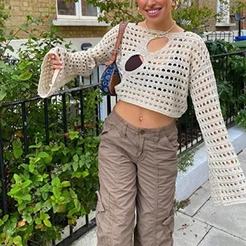 Women Y2K Hollow Out Long Sleeve Crop Top for Parties