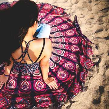 Folkulture Set of 2 Mandala Tapestry Hippie Indian Round Mandala Beach Blanket Picnic Table Cover Boho Gypsy Cotton Tablecloth Beach Towel Meditation Rug Circle Yoga Mat - 72 Inches, Blue and Pink