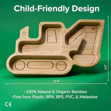 Bamboo Divided Suction Plates for Baby - Strong Suction Plates for Toddlers - Non-toxic All Natural Eco Friendly Materials - Digger