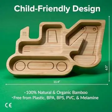 Bamboo Divided Suction Plates for Baby - Strong Suction Plates for Toddlers - Non-toxic All Natural Eco Friendly Materials - Digger