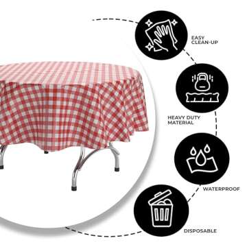 Exquisite Picnic Table Cover - 12 Pack Premium Round Plastic Tablecloth - Red & White Checkered BBQ Plastic Table Cover - Gingham Checkerboard Disposable Plastic Tablecloth 84 inch. Round