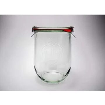 Weck Tulip Jar Rubber Sole & Two Metal Clamps Food Storage Jar Round Preserve Container Clear Preserving Seal Wire Clip Fastening Kitchen Canning Cereal Sugar Beans Spice - 33.8 fl. oz Single 1 liter