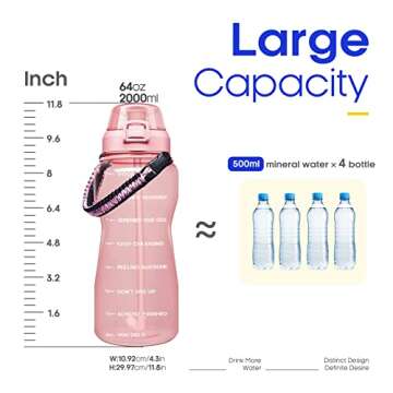 Giotto Large Half Gallon/64 oz Motivational Water Bottle with Paracord Handle & Removable Straw - Leakproof Tritan BPA Free Fitness Sports Water Jug with Time Marker