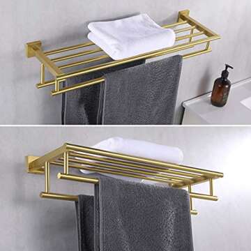 Brushed Gold Bathroom Towel Shelf with Double Bar Rack