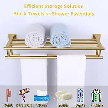 Brushed Gold Bathroom Towel Shelf with Double Bar Rack