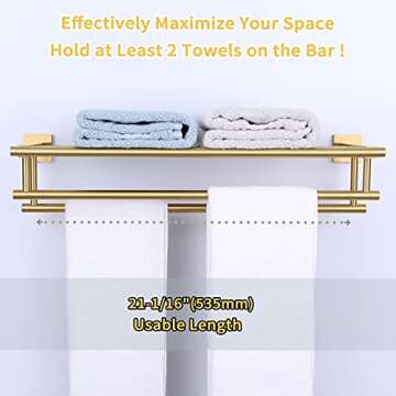 Brushed Gold Bathroom Towel Shelf with Double Bar Rack