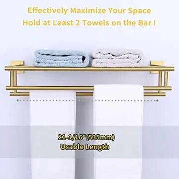 Brushed Gold Bathroom Towel Shelf with Double Bar Rack
