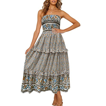 ZESICA Women's Summer Bohemian Floral Printed Strapless Beach Party Long Maxi Dress - Perfect for Ev...