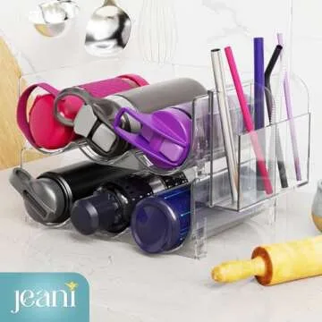 Jeani 2 Tiered Acrylic Water Bottle Organizer - Stackable Water Bottle Storage Rack with Attachable Side Bin - Multipurpose Water Bottle Shelf, Tumbler Organizer for Kitchen Cabinets, Pantry and More
