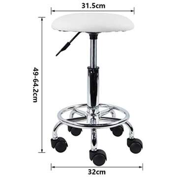 KKTONER Swivel Rolling Stool with Footrest Height Adjustable PU Leather Salon Vanity Spa Massage Office Stool Chair Small (White)