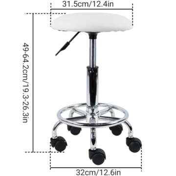 KKTONER Swivel Rolling Stool with Footrest Height Adjustable PU Leather Salon Vanity Spa Massage Office Stool Chair Small (White)