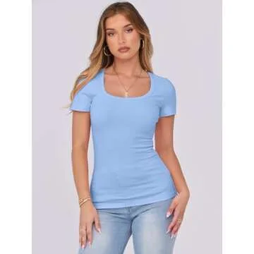 ANRABESS Women's Short Sleeve Tops Casual Scoop Neck Ribbed Knit Slim Fitted Basic Tee Shirts 2025 Summer Trendy Outfits Sky Blue Medium