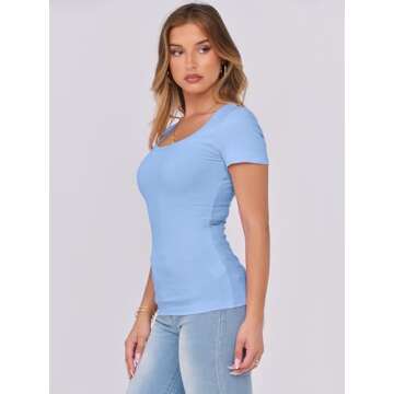 ANRABESS Women's Short Sleeve Tops Casual Scoop Neck Ribbed Knit Slim Fitted Basic Tee Shirts 2025 Summer Trendy Outfits Sky Blue Medium