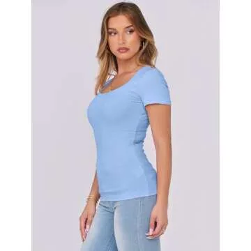ANRABESS Women's Short Sleeve Tops Casual Scoop Neck Ribbed Knit Slim Fitted Basic Tee Shirts 2025 Summer Trendy Outfits Sky Blue Medium