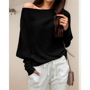GOLDSTITCH Women's Off Shoulder Batwing Sleeve Loose Pullover Sweater Knit Jumper Black s,Small,Blac...