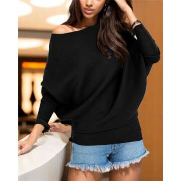 GOLDSTITCH Women's Off Shoulder Batwing Sleeve Loose Pullover Sweater Knit Jumper Black s,Small,Black Sweater