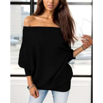 GOLDSTITCH Women's Off Shoulder Batwing Sleeve Loose Pullover Sweater Knit Jumper Black s,Small,Black Sweater