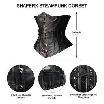 SHAPERX Womens Steampunk Gothic Steel Boned Underbust Waist Training Corsets,SZ1866-Black-M