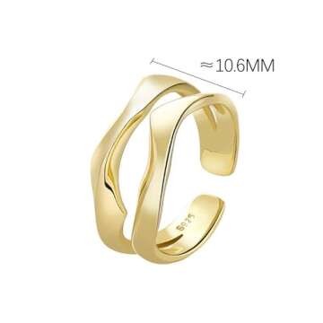 NEW Design: Irregular Wavy Double Layer 925 Silver Rings for Women - Gold-Plated Adjustable Jewelry ...