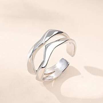NEW Design: Irregular Wavy Double Layer 925 Silver Rings for Women - Gold-Plated Adjustable Jewelry with Hallmark (gold)