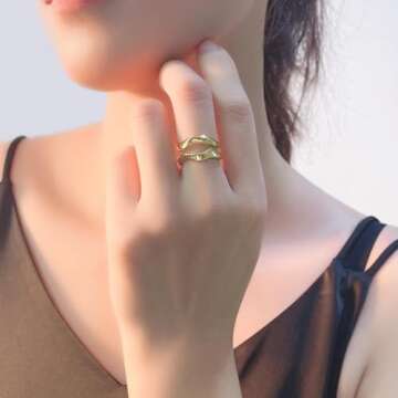 NEW Design: Irregular Wavy Double Layer 925 Silver Rings for Women - Gold-Plated Adjustable Jewelry with Hallmark (gold)