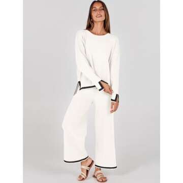 ANRABESS Women's Two Piece Outfits Long Sleeve Knit Pullover Sweater Tops & Wide leg Pants Casual Lounge Matching Sweatsuit Tracksuits Sets White Medium