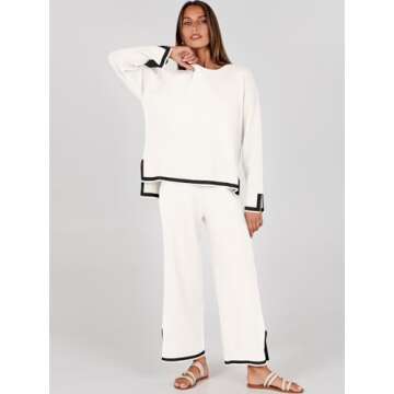 ANRABESS Women's Two Piece Outfits Long Sleeve Knit Pullover Sweater Tops & Wide leg Pants Casual Lounge Matching Sweatsuit Tracksuits Sets White Medium