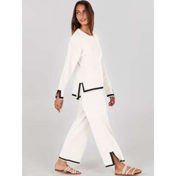 ANRABESS Women's Two Piece Outfits Long Sleeve Knit Pullover Sweater Tops & Wide leg Pants Casual Lounge Matching Sweatsuit Tracksuits Sets White Medium