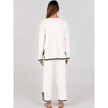 ANRABESS Women's Two Piece Outfits Long Sleeve Knit Pullover Sweater Tops & Wide leg Pants Casual Lounge Matching Sweatsuit Tracksuits Sets White Medium
