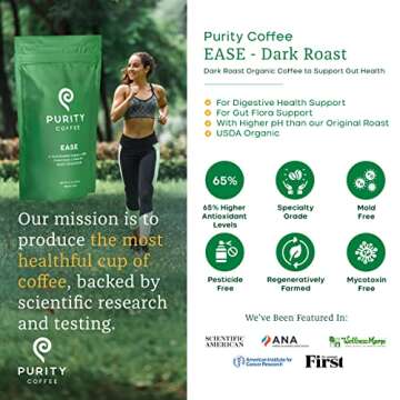 Purity Coffee EASE Dark Roast Low Acid Organic Coffee - USDA Certified Organic Specialty Grade Arabica Whole Bean Coffee - Third Party Tested for Mold, Mycotoxins and Pesticides - 12 oz Bag