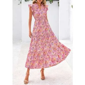 PRETTYGARDEN Women's 2025 Summer Floral Midi Dress Cap Sleeve V Neck Ruffle Long Flowy Boho Casual Beach Vacation Dresses (Floral Wine Red,Large)