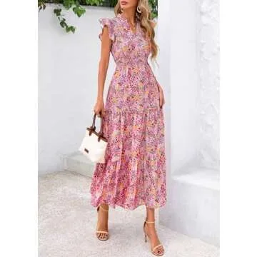 PRETTYGARDEN Women's 2025 Summer Floral Midi Dress Cap Sleeve V Neck Ruffle Long Flowy Boho Casual Beach Vacation Dresses (Floral Wine Red,Large)