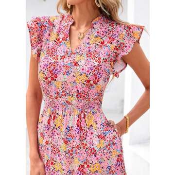 PRETTYGARDEN Women's 2025 Summer Floral Midi Dress Cap Sleeve V Neck Ruffle Long Flowy Boho Casual Beach Vacation Dresses (Floral Wine Red,Large)