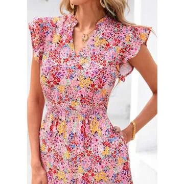 PRETTYGARDEN Women's 2025 Summer Floral Midi Dress Cap Sleeve V Neck Ruffle Long Flowy Boho Casual Beach Vacation Dresses (Floral Wine Red,Large)