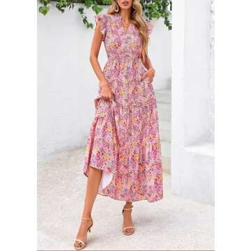 PRETTYGARDEN Women's 2025 Summer Floral Midi Dress Cap Sleeve V Neck Ruffle Long Flowy Boho Casual Beach Vacation Dresses (Floral Wine Red,Large)