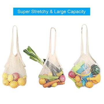 Reusable Produce Bags, 4 Pack Extra Long Handle Mesh Cotton Grocery Bags, Eco-Friendly Washable Shopping Bags for Grocery, Storage, Fruit, Vegetable and Farmers Market, Zero Waste