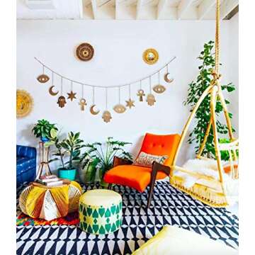 My Urban Crafts Large Celestial Symbology Hamsa Wall Hanging - Hamsa Wall Decor - Evil Eye Decor - Wall Art Moon Decor Boho Accents for Bohemian Room (Rose Gold, 70")