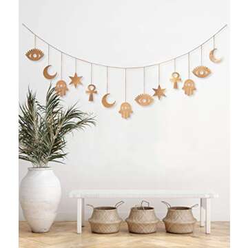 My Urban Crafts Large Celestial Symbology Hamsa Wall Hanging - Hamsa Wall Decor - Evil Eye Decor - Wall Art Moon Decor Boho Accents for Bohemian Room (Rose Gold, 70")