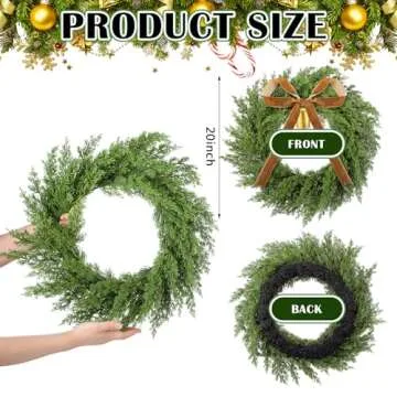 Dingion 20 Inch Cedar Wreath Faux Cedar Christmas Wreath Realistic Christmas Outdoor Wreath with Vintage Rustic Cow Bell Brown Velvet Ribbon for Christmas Decorations Holiday Indoor Front Door Decor