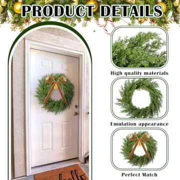 Dingion 20 Inch Cedar Wreath Faux Cedar Christmas Wreath Realistic Christmas Outdoor Wreath with Vintage Rustic Cow Bell Brown Velvet Ribbon for Christmas Decorations Holiday Indoor Front Door Decor
