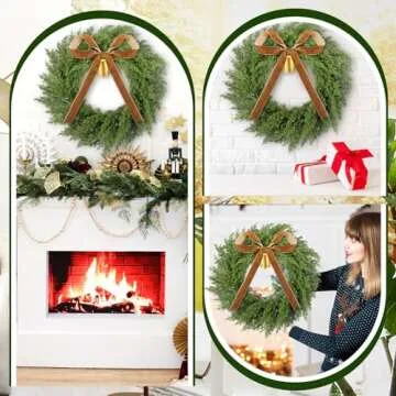 Dingion 20 Inch Cedar Wreath Faux Cedar Christmas Wreath Realistic Christmas Outdoor Wreath with Vintage Rustic Cow Bell Brown Velvet Ribbon for Christmas Decorations Holiday Indoor Front Door Decor