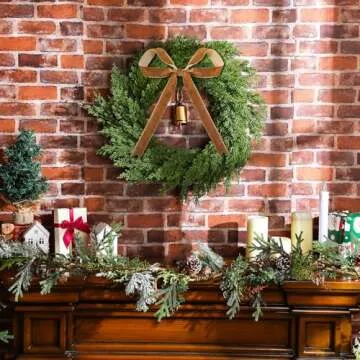 Dingion 20 Inch Cedar Wreath Faux Cedar Christmas Wreath Realistic Christmas Outdoor Wreath with Vintage Rustic Cow Bell Brown Velvet Ribbon for Christmas Decorations Holiday Indoor Front Door Decor